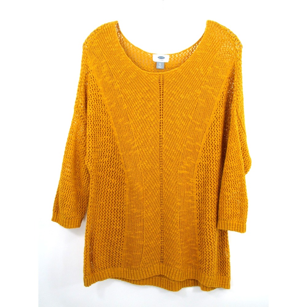 Old Navy Pullover Loose Knit Tunic Sweater Women XL Yellow Gold Preppy Slub Mesh